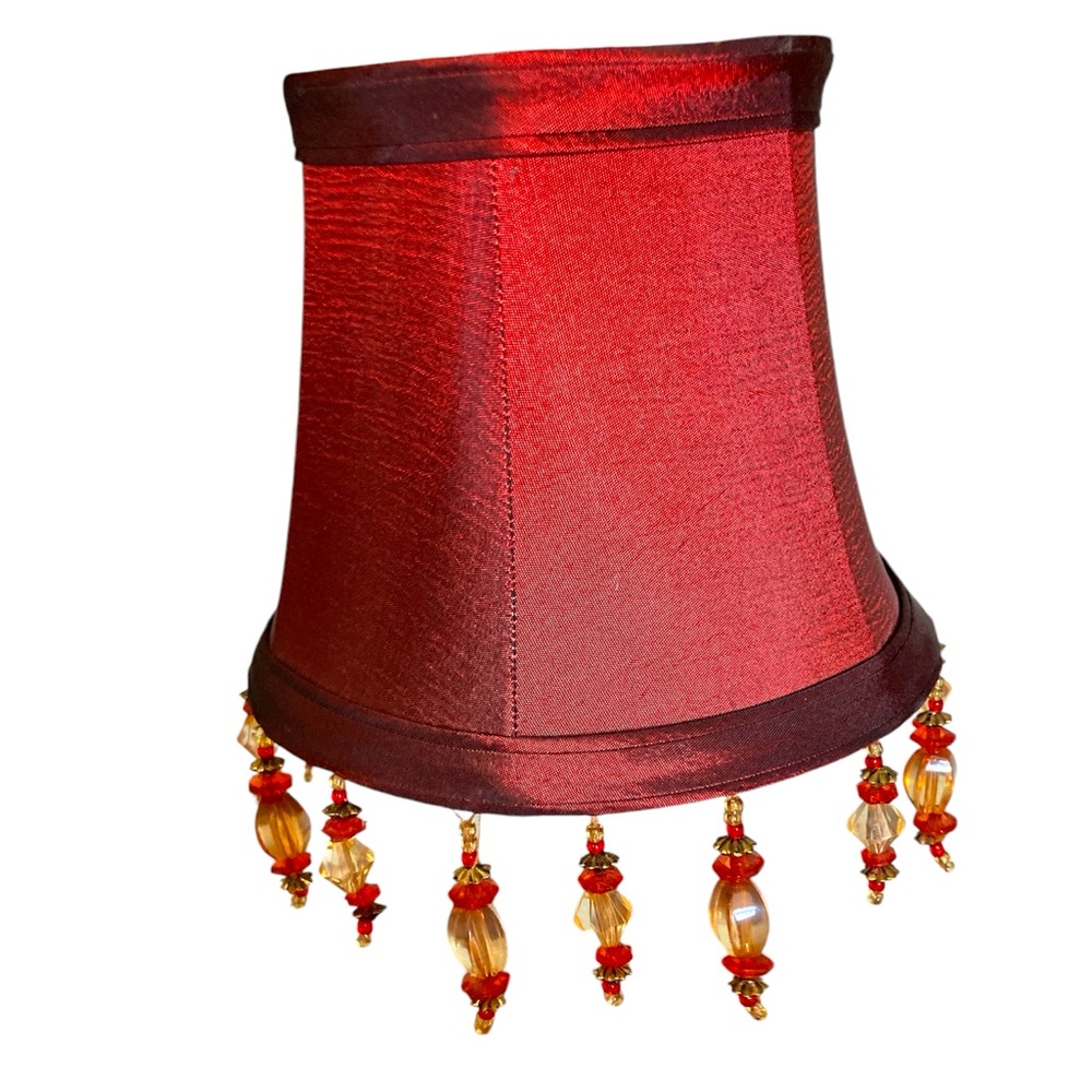 Maroon Mini Silk Lampshade Beaded Edge White Interior Gold Hardware Posh Decor